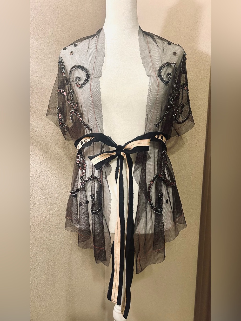 Rozae Nichols Sheer Beaded Evening Wrap Jacket Kimono Rare Small